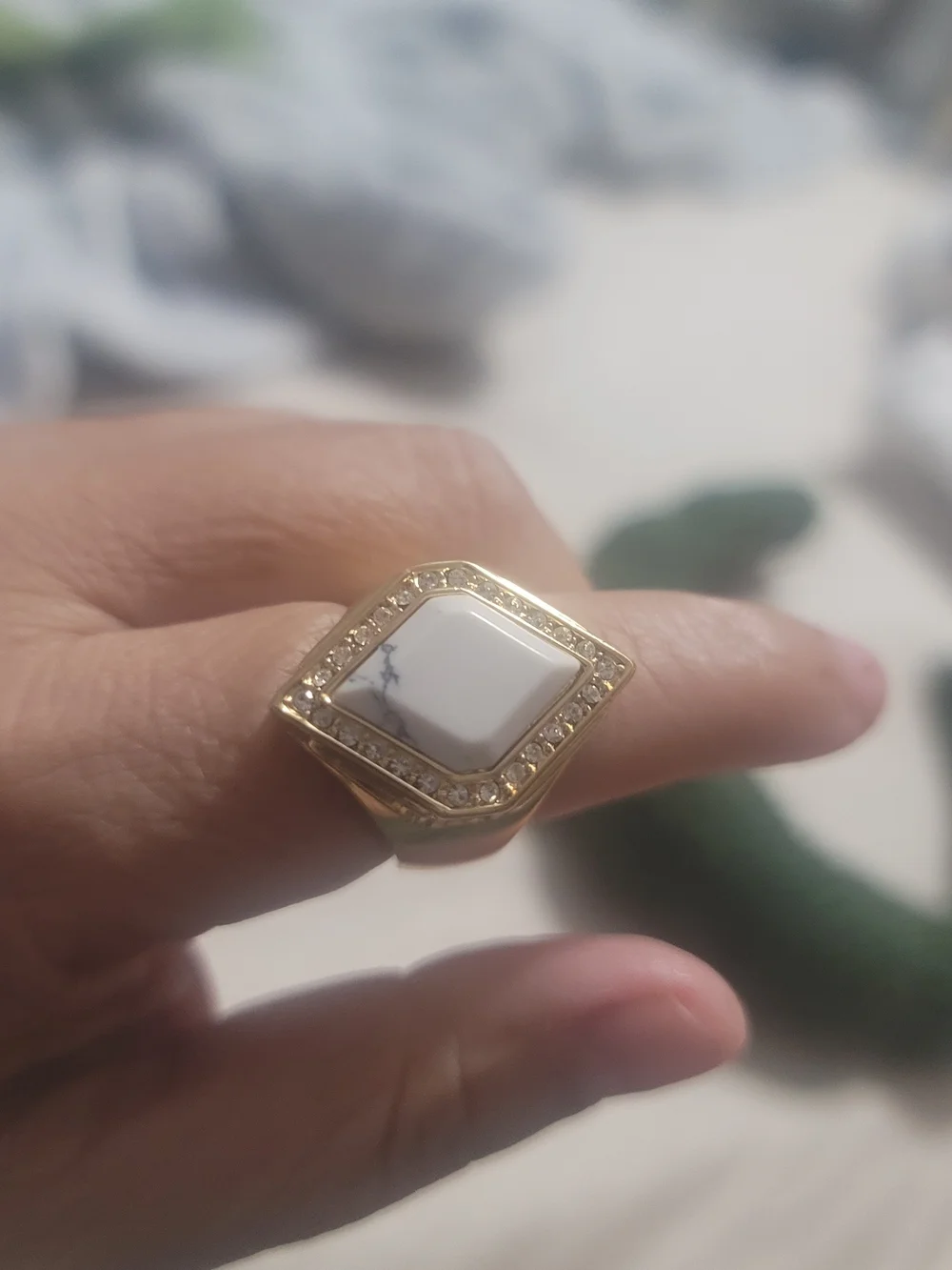 Gold-Tone Howlite Square Statement Ring - White